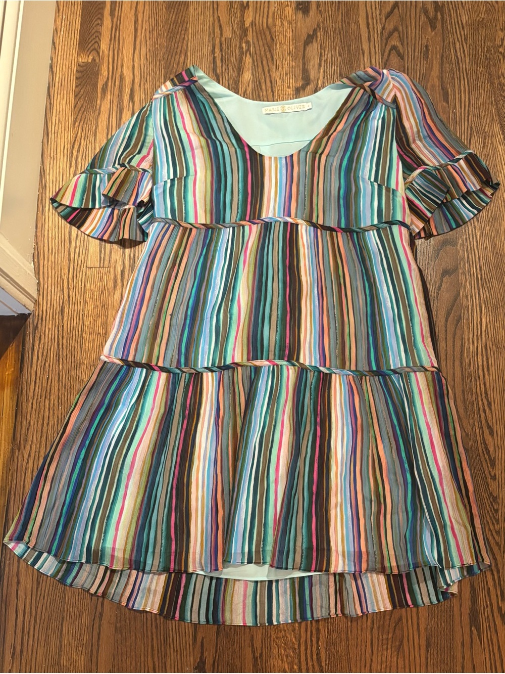 Marie Oliver Multicolor Striped Midi Dress in Aqua, Pink, Blue & Green
